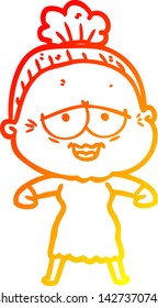 warm gradient line drawing of a cartoon happy old lady