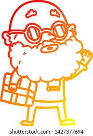 warm gradient line drawing of a cartoon curious man with beard sunglasses and present