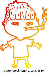 dibujo de línea de degradado cálido de un hombre de dibujos animados que fuma