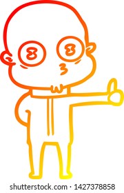 warm gradient line drawing of a cartoon weird bald spaceman giving thumbs up