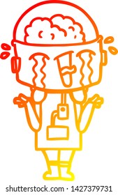 dibujo de línea de gradiente cálido de un robot llorando de caricatura encogiéndose de hombros en confusión