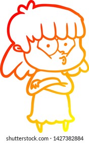 desenho de linha gradiente quente de uma menina assobiando de desenho animado
