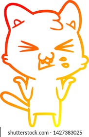 warm gradient line drawing of a cartoon cat hissing