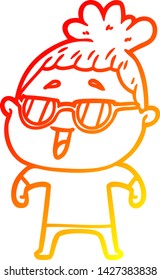 warm gradient line drawing of a cartoon happy woman wearing spectacles