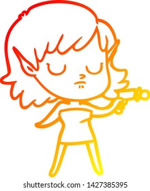dibujo de línea de gradiente cálido de una chica elfo de caricatura