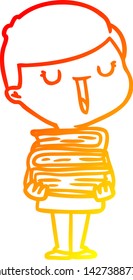warm gradient line drawing of a cartoon happy boy with stack of books