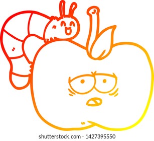 warm gradient line drawing of a cartoon apple and bug