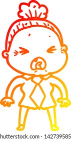 warm gradient line drawing of a cartoon angry old woman