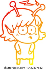 warm gradient line drawing of a cartoon alien girl