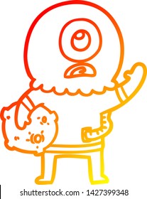 warm gradient line drawing of a cartoon cyclops alien spaceman waving
