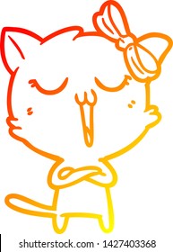 dibujo de línea de degradado cálido de un gato de dibujos animados