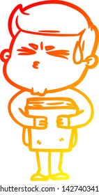 dibujo de línea de gradiente cálido de un hombre de dibujos animados sudando