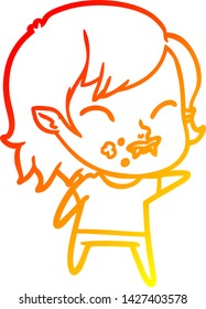 warm gradient line drawing of a cartoon vampire girl with blood on cheek