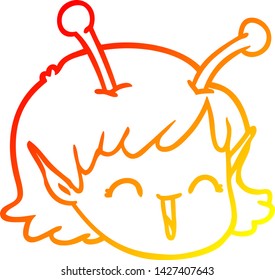 warm gradient line drawing of a cartoon alien space girl face
