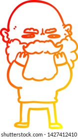 warm gradient line drawing of a cartoon man with beard frowning checking his beard
