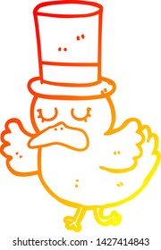 dibujo de línea de degradado cálido de un pato de dibujos animados con sombrero superior
