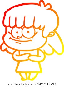 dibujo de línea de degradado cálido de una mujer sonriente de dibujos animados