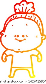 warm gradient line drawing of a cartoon happy old woman