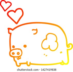 warm gradient line drawing of a cartoon pig in love