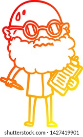 warm gradient line drawing of a cartoon worried man with beard and sunglasses taking survey