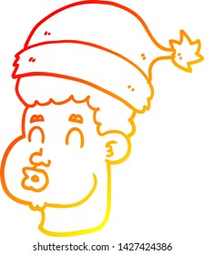 warm gradient line drawing of a cartoon man wearing christmas hat