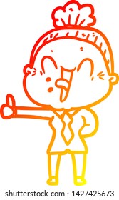 warm gradient line drawing of a cartoon happy old woman