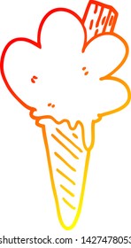dibujo de línea de degradado cálido de un cono de helado de dibujos animados