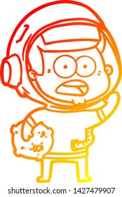 warm gradient line drawing of a cartoon surprised astronaut holding moon rock