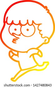 warm gradient line drawing of a cartoon curious boy running