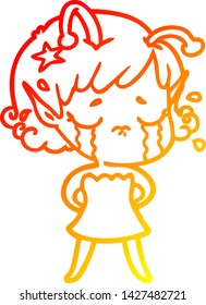 warm gradient line drawing of a cartoon crying alien girl