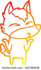 dibujo de líneas de gradiente cálido de un lobo de dibujos animados encogiéndose hombros