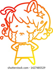 warm gradient line drawing of a cartoon crying alien girl