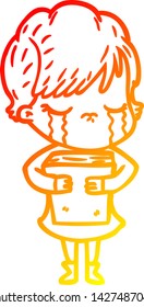 warm gradient line drawing of a cartoon woman crying