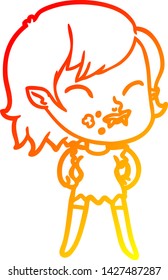 dibujo de línea de gradiente cálido de una niña vampiro caricaturista con sangre en la mejilla