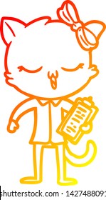 dibujo de línea de degradado cálido de un gato de dibujos animados con arco sobre la cabeza