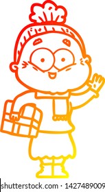 warm gradient line drawing of a cartoon happy old woman