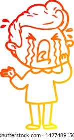 warme Farbverlauf-Linie Zeichnung eines Cartoon weinenden Mannes