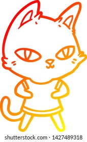 dibujo de línea de degradado cálido de un gato de dibujos animados mirando