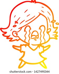 warme Farbverlauf-Linie Zeichnung einer Cartoon-Frau weinend