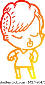 warm gradient line drawing of a cartoon pretty hipster girl