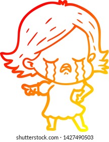 dibujo de línea de degradado cálido de una niña de dibujos animados llorando y señalando