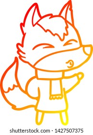 warm gradient line drawing of a cartoon wolf in winter clothes