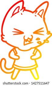 dibujo de línea de degradado cálido de un gato de dibujos animados silbido