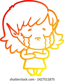warm gradient line drawing of a cartoon crying elf girl