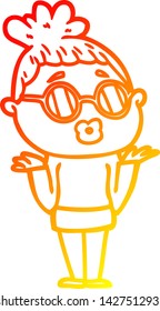 warm gradient line drawing of a cartoon confused woman wearing spectacles