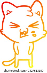 warm gradient line drawing of a cartoon cat hissing