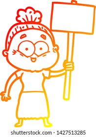 warm gradient line drawing of a cartoon happy old woman