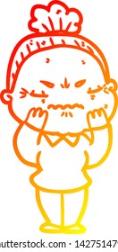 warm gradient line drawing of a cartoon annoyed old lady