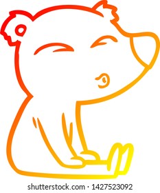 desenho de linha de gradiente quente de um desenho animado assobiando urso sentado
