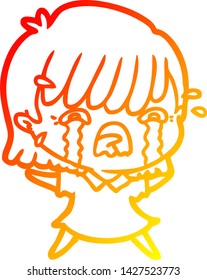 warm gradient line drawing of a cartoon girl crying
